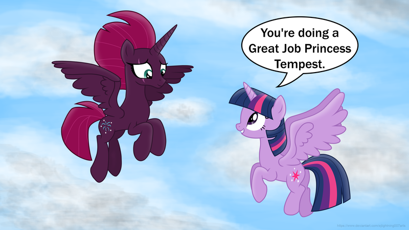 Size: 3840x2160 | Tagged: alicorn, alicornified, artist:ejlightning007arts, derpibooru import, female, fixed spelling, flying, flying lesson, lesbian, princess tempest shadow, race swap, safe, shipping, speech bubble, tempest gets her horn back, tempestlight, tempest now has a true horn, tempest shadow, twilight sparkle, twilight sparkle (alicorn)