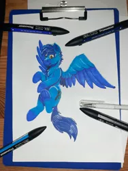 Size: 3024x4032 | Tagged: artist:saxpony, derpibooru import, flying, male, oc, oc:skaj, pegasus, photo, promarker, safe, stallion, traditional art