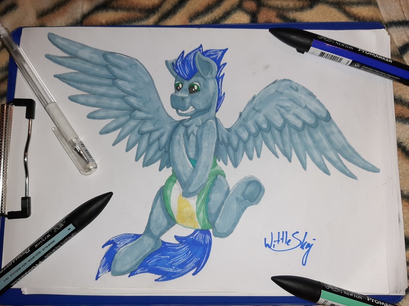 Size: 4032x3024 | Tagged: abdl, adult foal, artist:wittleskaj, derpibooru import, diaper, diaper fetish, fetish, flying, male, pegasus, photo, pissing, promarker, questionable, soarin', stallion, traditional art, urine, wet diaper, wetting