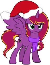 Size: 1214x1575 | Tagged: safe, artist:diamond-chiva, derpibooru import, oc, oc:diamond-chi, alicorn, pony, alicorn oc, christmas, clothes, female, hat, holiday, horn, mare, santa hat, scarf, simple background, solo, transparent background, wings