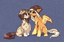 Size: 1322x880 | Tagged: safe, artist:vincher, derpibooru import, oc, unofficial characters only, pegasus, pony, beanie, chest fluff, female, hat, licking, licking cheeks, looking at each other, mare, simple background, sitting, tongue out