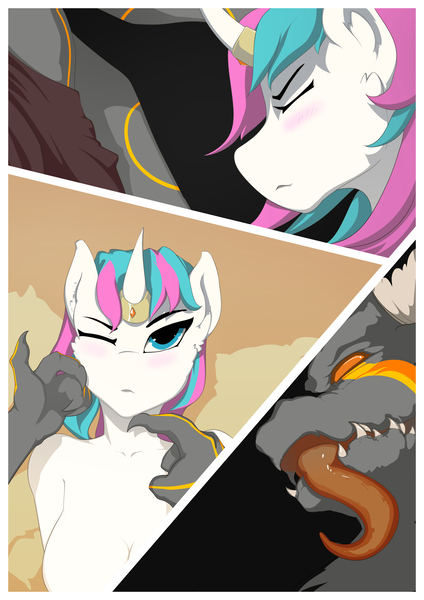 Size: 2480x3508 | Tagged: suggestive, artist:okata, derpibooru import, oc, oc:diamond mind, anthro, gargoyle, unicorn, comic:the hunt, blushing, breasts, comic, female, first person view, hand on head, holding head, horn, horn ring, imminent rape, imminent sex, long tongue, magic suppression, male, male pov, nudity, offscreen character, one eye closed, pov, ring, standing, standing over, stroking, tongue out, touching face