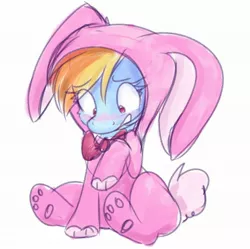 Size: 2167x2160 | Tagged: safe, artist:littleblackraencloud, derpibooru import, rainbow dash, pony, animal costume, blushing, bowtie, bunny costume, clothes, costume, cute, dashabetes, embarrassed, female, footed sleeper, high res, kigurumi, mare, pajamas, simple background, sitting, solo, white background