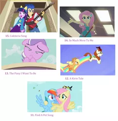 Size: 2752x2832 | Tagged: safe, derpibooru import, edit, edited screencap, screencap, applejack, autumn blaze, diamond tiara, flash sentry, fluttershy, rainbow dash, twilight sparkle, crusaders of the lost mark, equestria girls, equestria girls (movie), equestria girls series, may the best pet win, so much more to me, sounds of silence, a kirin tale, collage, crying, find a pet, geode of fauna, guitar, helping twilight win the crown, list, magical geodes, musical instrument, the pony i want to be, top 20 g4 songs