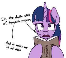 Size: 727x647 | Tagged: safe, artist:litrojia, derpibooru import, twilight sparkle, pony, unicorn, fanfic, /mlp/, 4chan, book, dialogue, drawthread, female, funny, funny as hell, looking at you, mare, meme, offended, open mouth, simple background, solo, uneasy, unicorn twilight, white background