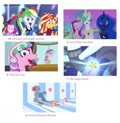 Size: 2896x2976 | Tagged: safe, derpibooru import, edit, edited screencap, screencap, apple bloom, coloratura, pinkie pie, princess cadance, princess celestia, princess luna, queen chrysalis, rainbow dash, scootaloo, sunset shimmer, sweetie belle, a canterlot wedding, equestria girls, equestria girls series, flight to the finish, spring breakdown, the mane attraction, twilight's kingdom, spoiler:eqg series (season 2), all good (song), canterlot castle, collage, cutie mark, cutie mark crusaders, disguise, disguised changeling, fake cadance, hearts strong as horses, list, rara, shadow, singing, the magic inside, this day aria, top 20 g4 songs, you'll play your part