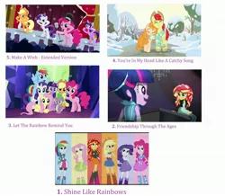 Size: 3072x2684 | Tagged: safe, derpibooru import, edit, edited screencap, screencap, applejack, bright mac, fluttershy, pear butter, pinkie pie, rainbow dash, rarity, sunset shimmer, twilight sparkle, twilight sparkle (alicorn), alicorn, equestria girls, friendship through the ages, pinkie pride, rainbow rocks, the perfect pear, twilight's kingdom, clothes, collage, group shot, let the rainbow remind you, list, microphone, musical instrument, piano, scarf, shared clothing, shared scarf, shine like rainbows, snow, the rainbooms, top 20 g4 songs, tree, twilight's castle, you're in my head like a catchy song