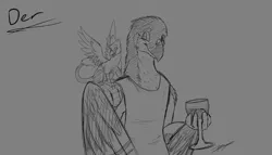 Size: 2154x1234 | Tagged: safe, artist:xeirla, derpibooru import, oc, oc:der, oc:lief woodcock, unofficial characters only, avian, gryphon, alcohol, blushing, clothes, drink, glass, micro, monochrome, sketch