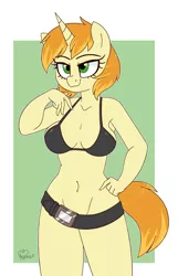 Size: 1800x2800 | Tagged: suggestive, artist:notenoughapples, derpibooru import, oc, oc:high impact, unofficial characters only, anthro, unicorn, anthro oc, armpits, belly button, belt, bikini, bikini top, bottomless, breasts, clothes, female, hand on hip, mare, partial nudity, patreon, patreon reward, simple background, solo, solo female, strategically covered, swimsuit