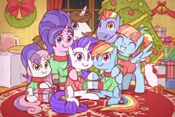 Size: 1317x879 | Tagged: safe, artist:raridashdoodles, derpibooru import, bow hothoof, cookie crumbles, hondo flanks, rainbow dash, rarity, sweetie belle, windy whistles, pegasus, pony, unicorn, blushing, bow, christmas, christmas sweater, christmas tree, clothes, drink, family, family photo, female, food, hearth's warming eve, holiday, lesbian, male, pie, present, raridash, shipping, sweater, tree