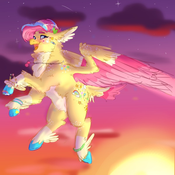 Size: 3900x3900 | Tagged: artist:cosmichorse, beak, colored wings, derpibooru import, flying, hippogriff, hybrid, interspecies offspring, laughing, long eyelashes, magical lesbian spawn, male, multicolored hair, multicolored wings, nagical lesbian spawn, next generation, oc, oc:prince taffy, offspring, open mouth, parent:pinkie pie, parent:princess skystar, parents:skypie, pastel, safe, sky, smiling, solo, sticker, sunset, unofficial characters only, wings