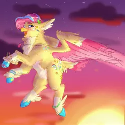 Size: 3900x3900 | Tagged: artist:cosmichorse, beak, colored wings, derpibooru import, flying, hippogriff, hybrid, interspecies offspring, laughing, long eyelashes, magical lesbian spawn, male, multicolored hair, multicolored wings, nagical lesbian spawn, next generation, oc, oc:prince taffy, offspring, open mouth, parent:pinkie pie, parent:princess skystar, parents:skypie, pastel, safe, sky, smiling, solo, sticker, sunset, unofficial characters only, wings