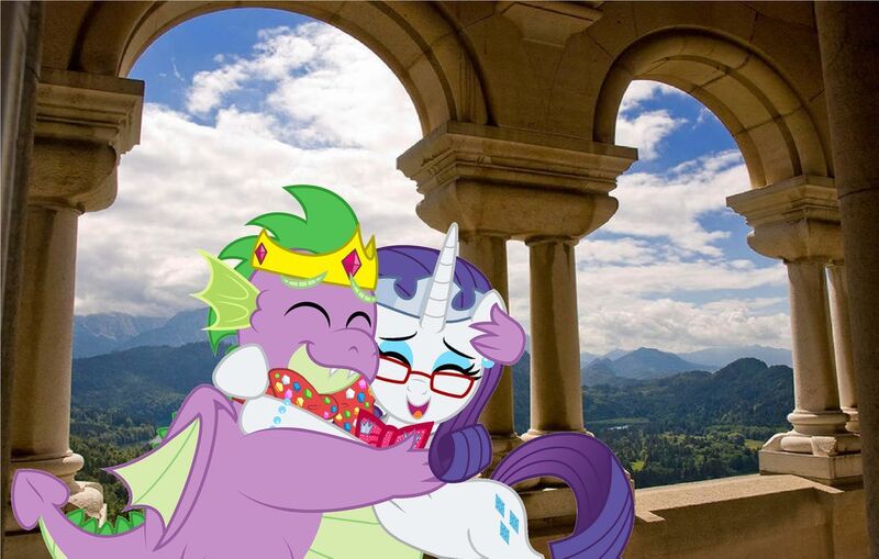Size: 1280x815 | Tagged: safe, artist:aleximusprime, artist:disneymarvel96, derpibooru import, edit, vector edit, rarity, spike, dragon, pony, unicorn, flurry heart's story, adult, adult spike, balcony, bavaria, bowtie, castle, chubby spike, crown, dragons in real life, fat spike, female, germany, hug, irl, jewelry, male, neuschwanstein, older, older rarity, older spike, photo, ponies in real life, regalia, shipping, sparity, straight, valley, vector