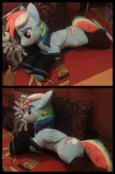 Size: 2164x3264 | Tagged: artist:blackwater627, bedroom eyes, clothes, cute, derpibooru import, gdr, irl, lying down, national flag, pegasus, photo, pillow, plushie, rainbow dash, safe, socks, solo