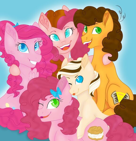 Size: 1280x1331 | Tagged: safe, artist:wispyaxolotl, derpibooru import, cheese sandwich, pinkie pie, cheesepie, family, female, male, offspring, parent:cheese sandwich, parent:pinkie pie, parents:cheesepie, shipping, straight