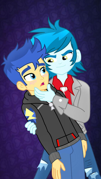 Size: 1080x1920 | Tagged: safe, artist:supermaxx92, derpibooru import, flash sentry, thunderbass, equestria girls, blushing, clothes, gay, hand on chin, hoodie, jeans, looking at each other, male, pants, ripped jeans, shipping, shirt, thunderflash