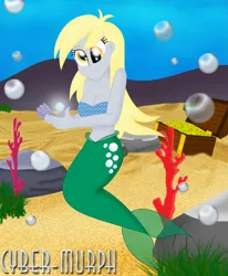 Size: 1893x2296 | Tagged: safe, artist:cyber-murph, derpibooru import, derpy hooves, mermaid, equestria girls, belly, belly button, bikini, breasts, cleavage, clothes, coral, cute, derpabetes, flowing hair, mermaidized, midriff, pearl, rock, signature, species swap, swimsuit, treasure chest, underwater