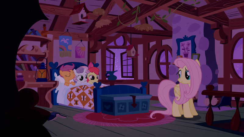 Size: 2880x1620 | Tagged: safe, derpibooru import, screencap, apple bloom, fluttershy, scootaloo, sweetie belle, earth pony, pegasus, pony, unicorn, stare master, bed, bedroom, bird house, cutie mark crusaders, female, filly, fluttershy's cottage, foal, mare, nest, night, window
