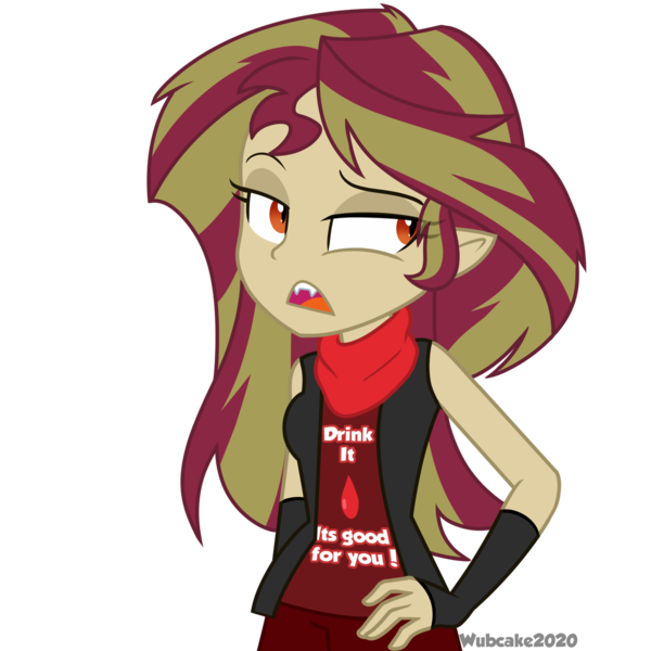 Size: 1280x1280 | Tagged: safe, artist:wubcakeva, derpibooru import, sunset shimmer, human, vampire, equestria girls, bacon hair, fangs, female, hand on hip, lidded eyes, open mouth, solo, sunset shimmer is not amused, unamused, vampire shimmer