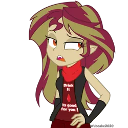 Size: 1280x1280 | Tagged: safe, artist:wubcakeva, derpibooru import, sunset shimmer, human, vampire, equestria girls, bacon hair, fangs, female, hand on hip, lidded eyes, open mouth, solo, sunset shimmer is not amused, unamused, vampire shimmer