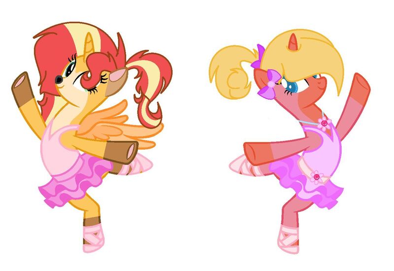 Size: 1280x880 | Tagged: safe, artist:emberskydragon, derpibooru import, oc, oc:glissade cinderwisp, oc:solarflare primadonna, alicorn, deer, deer pony, hybrid, original species, unicorn, accessories, alternate hairstyle, amulet, ballerina, ballerinas, ballet, ballet slippers, bow, breedables, clothes, en pointe, eyes open, flower, hair bow, jewelry, kitsune pony, necklace, on one leg, one arm out, one arm up, pas de deux, ponytail, ponytails, smiling, tutu, tutus, tututiful