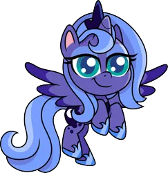 Size: 1280x1316 | Tagged: safe, artist:cloudyglow, derpibooru import, princess luna, alicorn, pony, my little pony: pony life, crown, cute, eyeshadow, female, filly, flying, foal, jewelry, lidded eyes, looking at you, lunabetes, makeup, regalia, s1 luna, simple background, solo, transparent background, woona, young, younger