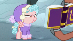 Size: 1024x576 | Tagged: safe, derpibooru import, screencap, cozy glow, rusty bucket, pegasus, pony, frenemies (episode), animated, clothes, cozy glow is best facemaker, cozy glow is not amused, dubbing, friendship journal, german, mount everhoof, snow, solo focus, sound, vulgar, webm, winter outfit, yelling