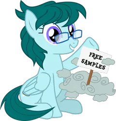 Size: 1248x1302 | Tagged: safe, artist:yoshimon1, derpibooru import, oc, oc:cloudy bits, unofficial characters only, pegasus, pony, 2020 community collab, derpibooru community collaboration, cloud, female, glasses, looking at you, mare, raised hoof, sign, simple background, sitting, solo, story included, transparent background