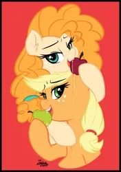 Size: 3541x5016 | Tagged: suggestive, artist:zajice, derpibooru import, applejack, pear butter, earth pony, pony, art pack:family fun 2, apple, bedroom eyes, biting, cover, female, food, implied incest, jackbutter, looking at you, mare, pear