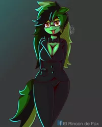 Size: 1280x1600 | Tagged: safe, artist:thedamneddarklyfox, derpibooru import, oc, oc:diamond green, anthro, bowtie, breasts, clothes, female, looking at you, solo, tongue out