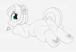 Size: 4096x2803 | Tagged: safe, artist:pabbley, derpibooru import, coco pommel, earth pony, pony, butt, dock, female, flower, flower in hair, heart, looking back, lying down, mare, monochrome, neo noir, open mouth, partial color, plot, prone, simple background, solo, underhoof, white background