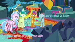 Size: 776x434 | Tagged: safe, derpibooru import, edit, edited screencap, screencap, gallus, ocellus, sandbar, silverstream, smolder, tree of harmony, changeling, dragon, earth pony, gryphon, hippogriff, pony, uprooted, argument, cave, chatting, gallus is not amused, looking at each other, looking at someone, looking down, ocellus is not amused, paint, painted, pointing, raised claw, shrunken pupils, silverstream is not amused, text, tree, unamused