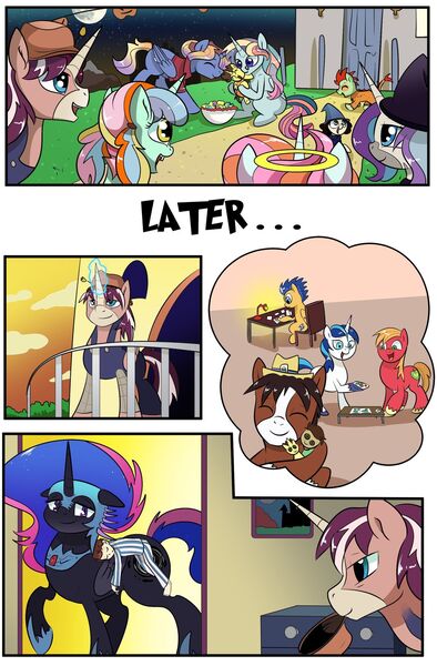 Size: 1280x1949 | Tagged: safe, artist:candyclumsy, author:bigonionbean, derpibooru import, big macintosh, flash sentry, shining armor, trouble shoes, oc, oc:aerial agriculture, oc:earthing elements, oc:king speedy hooves, oc:princess healing glory, oc:princess mythic majestic, oc:princess sincere scholar, oc:queen nightmare pulsar, oc:tommy the human, alicorn, earth pony, human, pegasus, pony, unicorn, comic:nightmare pulsar, alicorn oc, balcony, bedroom, candy, canterlot, canterlot castle, clothes, comic, commissioner:bigonionbean, costume, dawn, dialogue, doll, female, food, fusion, fusion: princess healing glory, fusion:aerial agriculture, fusion:earthing elements, fusion:king speedy hooves, fusion:princess mythic majestic, fusion:princess sincere scholar, fusion:queen nightmare pulsar, glasses, grandfather and grandchild, grandfather and grandson, grandmother and grandchild, grandmother and grandson, grandparent and grandchild moment, grandparents, halloween, halo, hat, holiday, horn, house, human oc, husband and wife, jewelry, magic, magician outfit, male, mother and child, mother and son, nerd pony, nightmare night, nuzzles, overalls, pajamas, photos, random pony, regalia, riding, sleeping, spectacles, stallion, tired, toy, wings