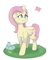 Size: 1014x1200 | Tagged: safe, artist:redroundfruit, derpibooru import, fluttershy, butterfly, pegasus, pony, blushing, cute, ear down, female, folded wings, looking at something, looking up, mare, shyabetes, simple background, solo, three quarter view, white background, wings