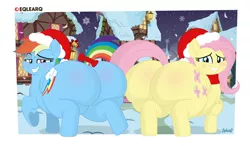 Size: 12300x7200 | Tagged: suggestive, artist:eqlearq, derpibooru import, fluttershy, rainbow dash, pegasus, pony, absurd resolution, backwards cutie mark, blushing, bow, butt, christmas, dreamworks face, duo, fat, fattershy, female, females only, flutterbutt, grin, hat, heart, heart hoof, holiday, large butt, looking at you, looking back, looking back at you, patreon, patreon logo, plot, ponyville, rainblob dash, rainbutt dash, raised tail, rear view, santa hat, smiling, snow, tail, tail bow, underhoof