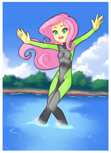 Size: 1152x1584 | Tagged: safe, artist:drantyno, derpibooru import, fluttershy, equestria girls, cloud, digital art, female, solo, tree, water, wetsuit