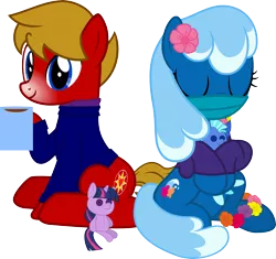 Size: 4000x3767 | Tagged: safe, artist:pilot231, derpibooru import, twilight sparkle, oc, oc:blue cove, oc:max mustang, oc:sea foam ep, earth pony, pony, 2020 community collab, derpibooru community collaboration, chocolate, clothes, cuddling, female, flower on ear, food, hot chocolate, lei, male, mare, plushie, scarf, simple background, snow tip nose, stallion, sweater, transparent background, vector