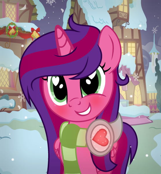 Size: 1909x2061 | Tagged: safe, artist:darbypop1, derpibooru import, oc, oc:alyssa rice, unofficial characters only, alicorn, pony, bell, christmas wreath, clothes, female, headphones, heart eyes, mare, scarf, snow, snowfall, solo, wingding eyes, wreath