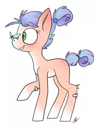 Size: 2000x2500 | Tagged: safe, artist:katyusha, derpibooru import, oc, oc:maybree, butterfly, earth pony, pony, bandaids, cute, female, filly, freckles, green eyes, hair bun, multicolored hair, purple hair, simple background, tail bun, tomboy, white hooves