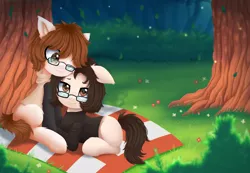 Size: 3024x2088 | Tagged: safe, artist:alexander56910, derpibooru import, oc, unofficial characters only, pony, clothes, cuddling, cute, duo, female, flower, forest, glasses, hoodie, leaves, lesbian, picnic, picnic blanket, tree