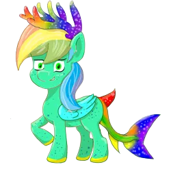 Size: 3200x3200 | Tagged: safe, artist:ciaran, derpibooru import, oc, unofficial characters only, original species, pony, shark, shark pony, antlers, multicolored hair, rainbow antlers, rainbow hair, rainbow tail, simple background, transparent background, wings