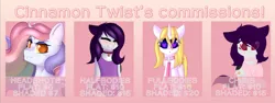 Size: 1280x481 | Tagged: safe, artist:xcinnamon-twistx, derpibooru import, oc, oc:candy lace, oc:cinnamon twist, oc:deadie, alicorn, bat pony, bat pony alicorn, pegasus, advertisement, art, artist, bat wings, bell, bell collar, cat bell, chibi, clothes, collar, commission, commission info, eyes closed, heart eyes, hoodie, horn, leash, looking at you, one-piece swimsuit, pet tag, price list, prices, swimsuit, wingding eyes, wings