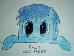 Size: 1736x1310 | Tagged: safe, artist:überreaktor, derpibooru import, oc, oc:p-21, pony, fallout equestria, fallout equestria: project horizons, fanfic art, hooves, kilroy, kilroy was here, solo, traditional art