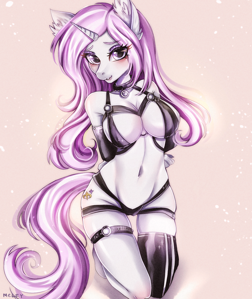 Size: 926x1100 | Tagged: suggestive, artist:melfy, derpibooru import, fleur-de-lis, anthro, unicorn, absolute cleavage, arm behind back, belly button, bikini, blushing, bondage, bra, breasts, busty fleur-de-lis, cleavage, clothes, collar, commission, ear fluff, evening gloves, female, gloves, happy bondage, kneeling, long gloves, looking at you, mare, micro bikini, miss fleur is trying to seduce us, panties, solo, solo female, swimsuit, underwear, ych result