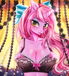 Size: 1091x1200 | Tagged: suggestive, artist:melfy, derpibooru import, oc, oc:candy heart, unofficial characters only, anthro, unicorn, big breasts, black underwear, bow, bra, breasts, bust, cleavage, clothes, commission, ear fluff, female, hair bow, hands on breasts, looking at you, mare, portrait, ribbon, solo, solo female, underwear, ych result