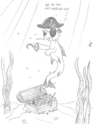Size: 555x735 | Tagged: safe, artist:quint-t-w, derpibooru import, merpony, pony, bubble, eyepatch, hat, hook, ocean, old art, pencil drawing, pirate, pirate hat, seaweed, singing, skull and crossbones, solo, traditional art, treasure, treasure chest, underwater