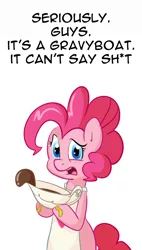 Size: 500x882 | Tagged: safe, artist:pippy, derpibooru import, pinkie pie, pony, ask discorded gravy boat, pinkiepieskitchen, keep calm and flutter on, apron, clothes, gravy, gravy boat, simple background, solo, vulgar, white background