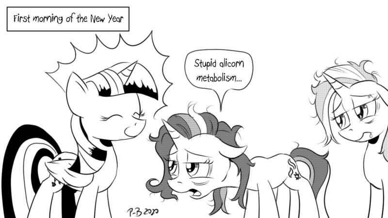 Size: 1200x675 | Tagged: safe, artist:pony-berserker, derpibooru import, starlight glimmer, trixie, twilight sparkle, twilight sparkle (alicorn), alicorn, pony, unicorn, black and white, eyes closed, female, grayscale, hangover, implied hangover, mare, monochrome, new year, signature, simple background, sketch, smug, smuglight sparkle, stippling, tired, trio, white background
