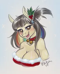 Size: 1738x2116 | Tagged: suggestive, artist:skuttz, derpibooru import, oc, oc:polie lightmixer, anthro, earth pony, anthro oc, bell, breasts, bust, christmas, cleavage, female, holiday, holly, jingle bells, simple background, snow, solo, solo female