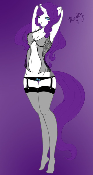 Size: 996x1860 | Tagged: alternate hairstyle, ambiguous facial structure, anthro, arm behind head, armpits, artist:vampenxwitch, babydoll, babydoll lingerie, belly button, breasts, clothes, cutie mark underwear, derpibooru import, female, garters, lingerie, nightgown, no nose, panties, plantigrade anthro, questionable, rarity, socks, solo, solo female, stockings, thigh highs, underwear